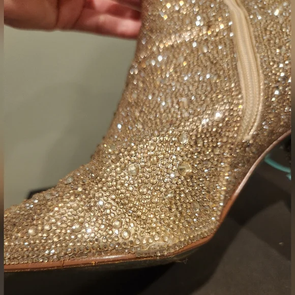LIGHT GOLD RHINESTONE BLOCK HEEL BOOTIE|  BETSEY JOHNSON, size 7.5 - Picture 7 of 16